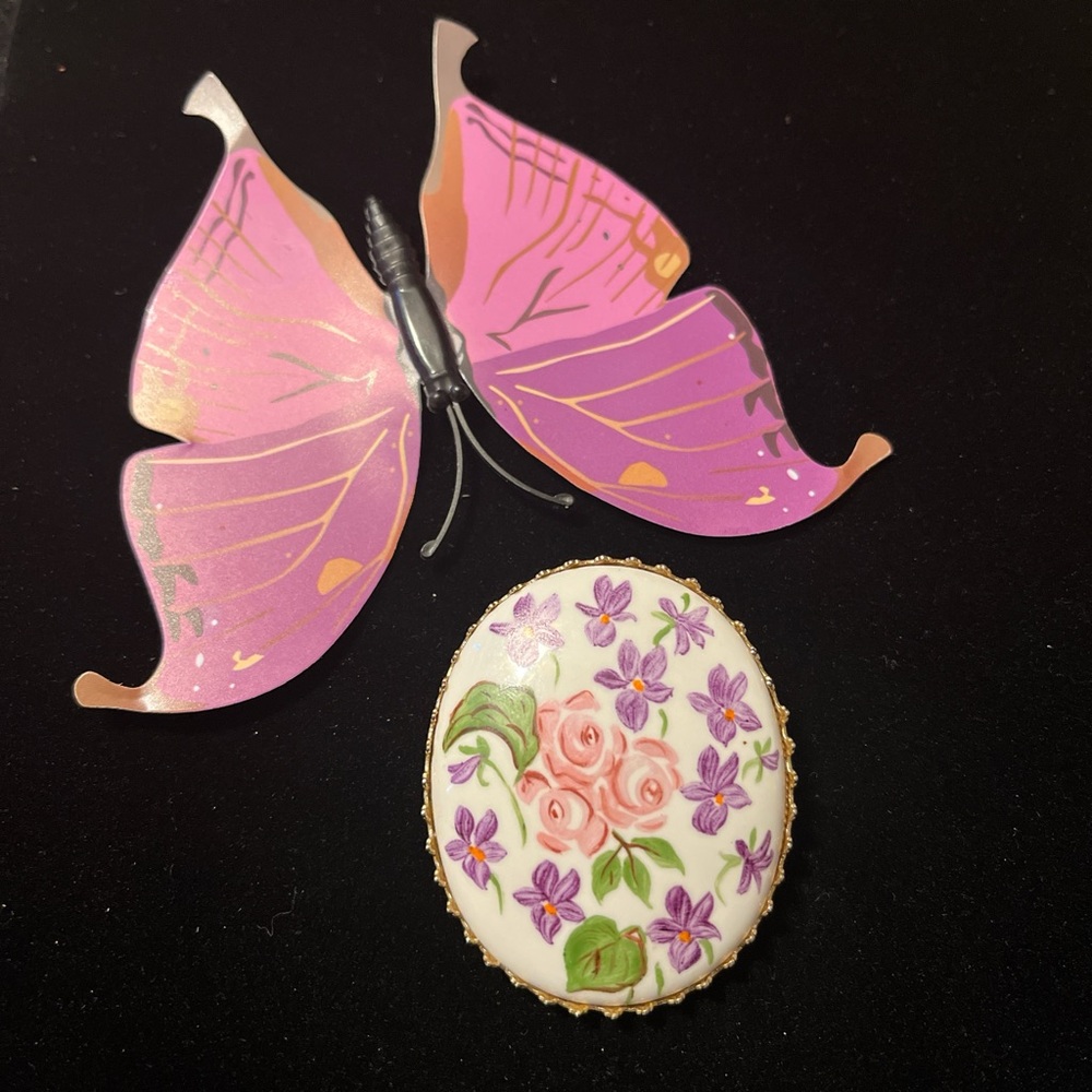 Pink and purple butterfly and rose cookie/pin brooch #butterfly #rose